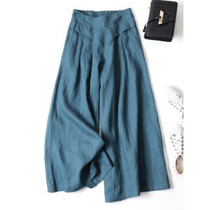 Solid Color Ramie Cotton Plus Size Loose Ninth Wide-Leg Pants