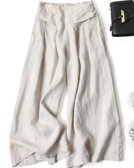 Solid Color Ramie Cotton Plus Size Loose Ninth Wide-Leg Pants