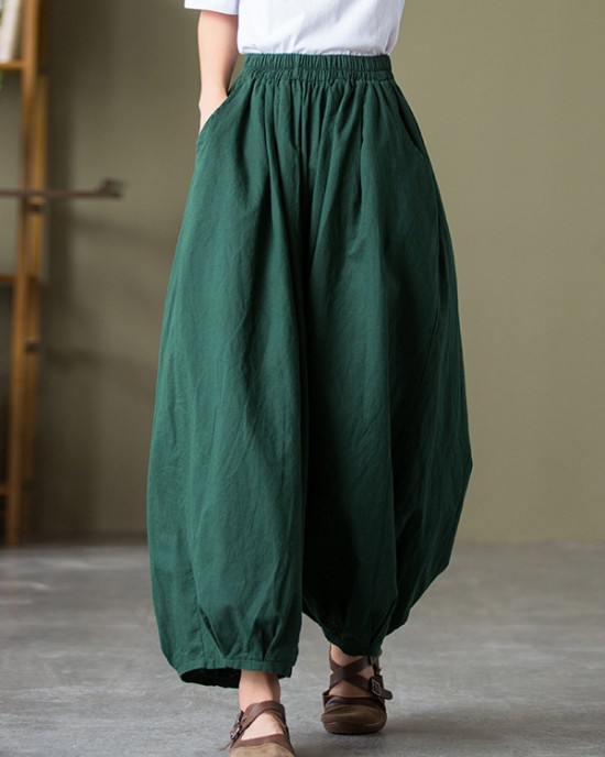 Simple Loose Linen Solid Color Pleated Drawstring Wide Legs Knickerbockers