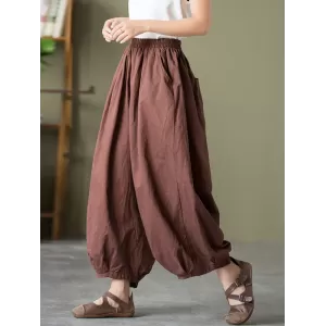 Simple Loose Linen Solid Color Pleated Drawstring Wide Legs Knickerbockers