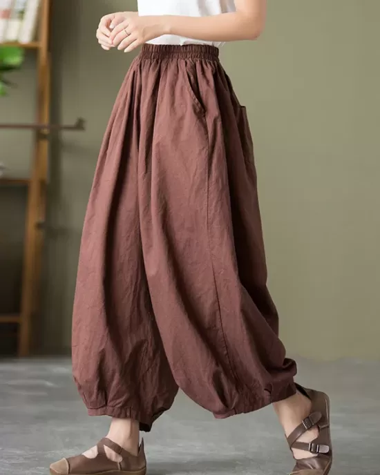 Simple Loose Linen Solid Color Pleated Drawstring Wide Legs Knickerbockers