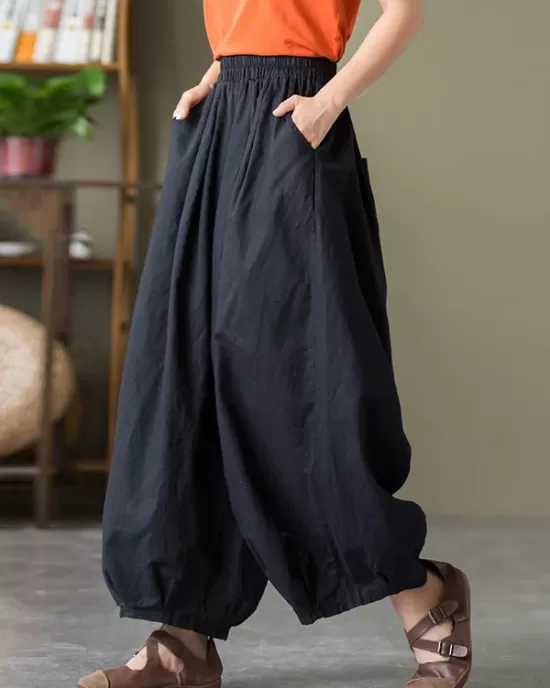 Simple Loose Linen Solid Color Pleated Drawstring Wide Legs Knickerbockers