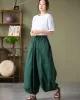 Simple Loose Linen Solid Color Pleated Drawstring Wide Legs Knickerbockers