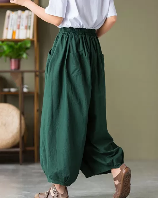 Simple Loose Linen Solid Color Pleated Drawstring Wide Legs Knickerbockers