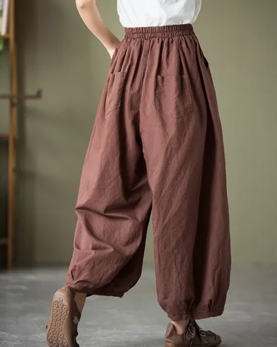 Simple Loose Linen Solid Color Pleated Drawstring Wide Legs Knickerbockers