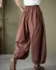 Simple Loose Linen Solid Color Pleated Drawstring Wide Legs Knickerbockers