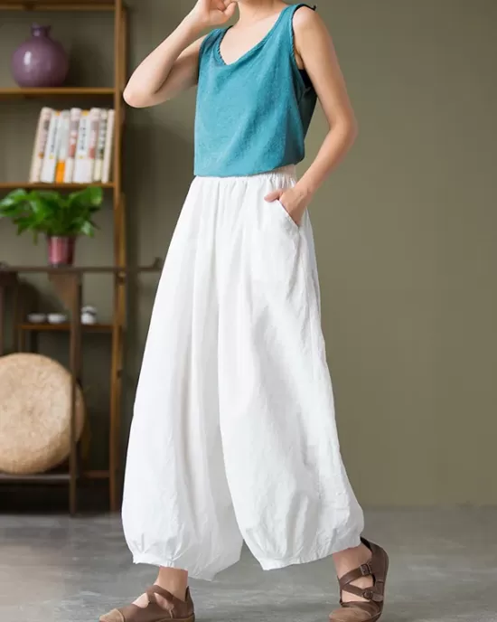 Simple Loose Linen Solid Color Pleated Drawstring Wide Legs Knickerbockers