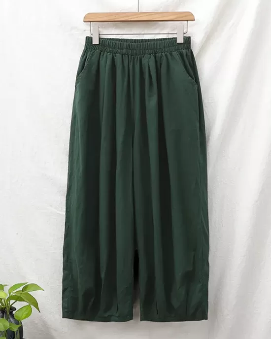 Simple Loose Linen Solid Color Pleated Drawstring Wide Legs Knickerbockers