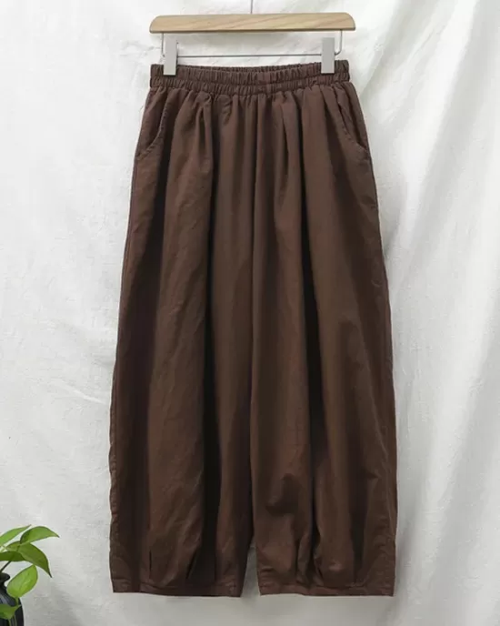 Simple Loose Linen Solid Color Pleated Drawstring Wide Legs Knickerbockers