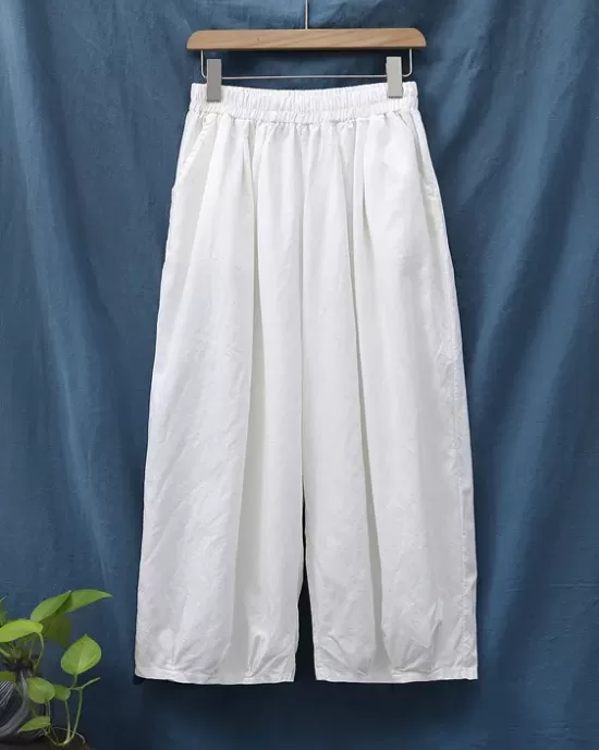 Simple Loose Linen Solid Color Pleated Drawstring Wide Legs Knickerbockers