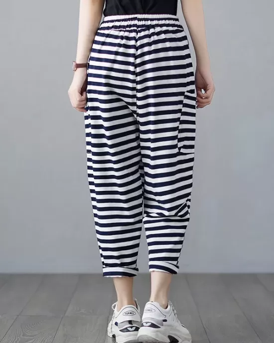 Loose Striped Drawstring Harem Sports Pants