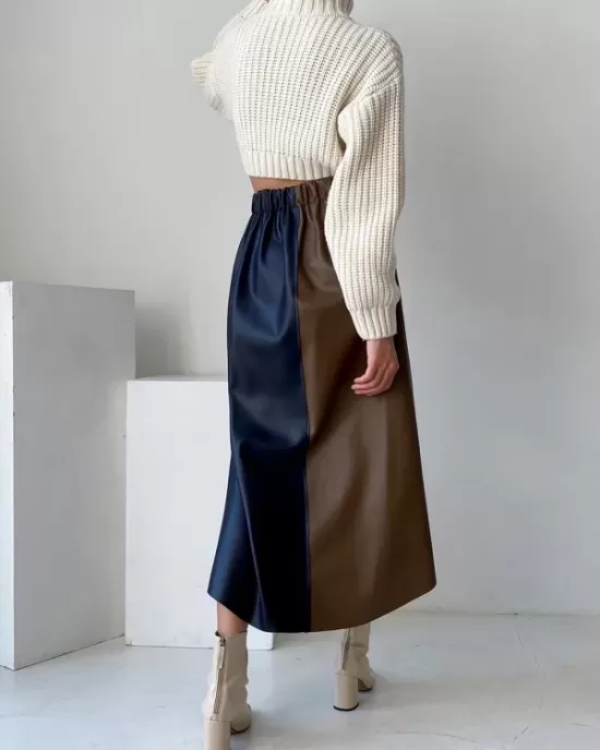 Asymmetric Contrast Color Split-Front A-Line High Waisted Skirts Bottoms