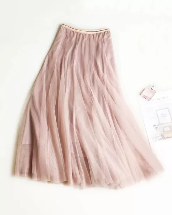 Solid Color Loose Elastic-Waist Mesh Skirt