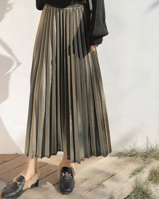 Solid Color High-Waist Pleated A-Line Skirt