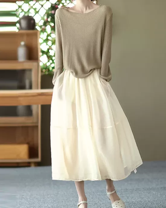 Simple Loose Solid Color Split-Joint Bubble Skirt