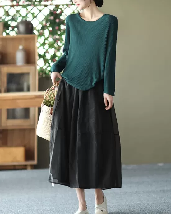 Simple Loose Solid Color Split-Joint Bubble Skirt