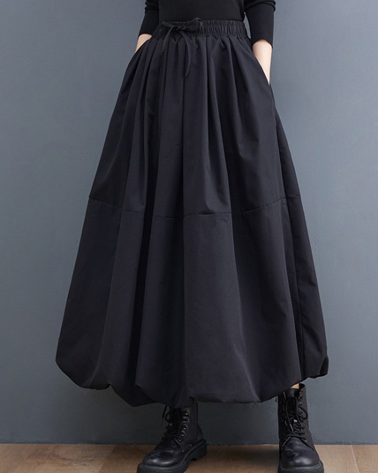 Urban Loose Drawstring High Waisted Black Bubble Skirt