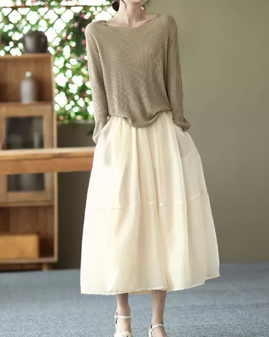 Simple Loose Solid Color Split-Joint Bubble Skirt