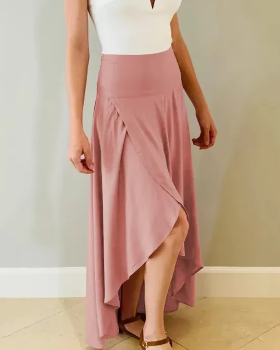 Simple  Asymmetric Split-Front Falbala Solid Color  Skirts Bottoms