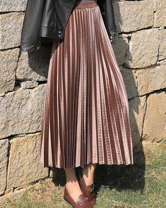 Solid Color High-Waist Pleated A-Line Skirt