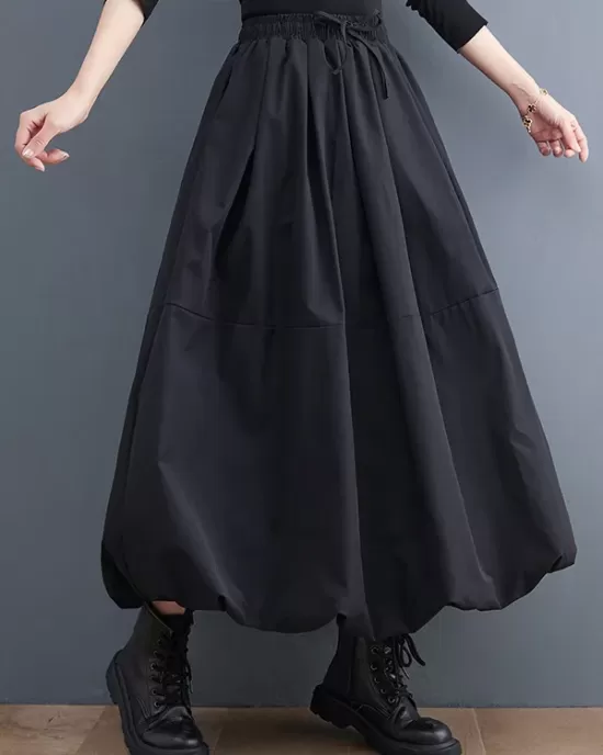 Urban Loose Drawstring High Waisted Black Bubble Skirt