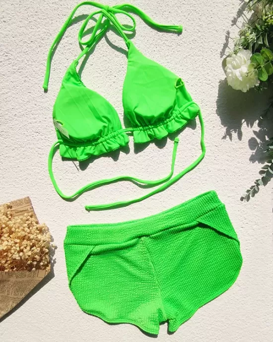 Padded Solid Color Halterneck Bikini Swimsuit Two Pieces Set