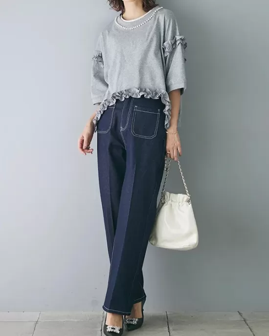 Beaded Ruffled Solid Color Half Sleeves Round-Neck T-Shirts Tops&Pants Two Pieces Set