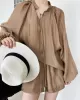 Casual Loose Solid Color Puff Sleeves Blouse&Wide Leg Shorts Two Pieces Set