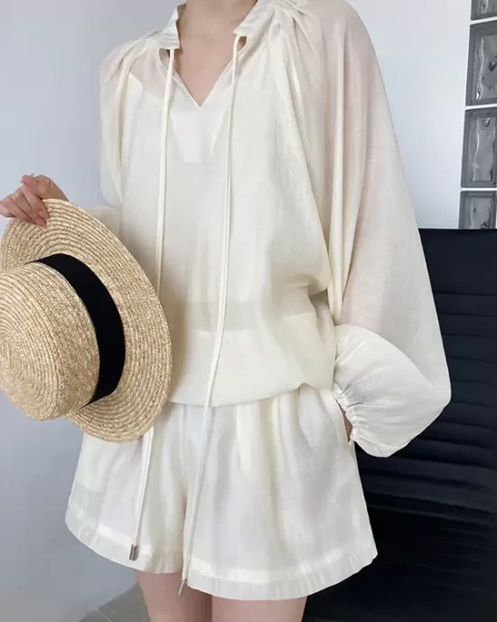 Casual Loose Solid Color Puff Sleeves Blouse&Wide Leg Shorts Two Pieces Set