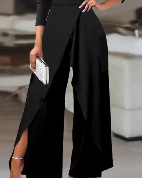 Solid Color One-Shoulder Long Sleeves T-Shirt + High-Waisted Wide Leg Pants Trousers Two Pieces Set