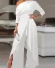 Solid Color One-Shoulder Long Sleeves T-Shirt + High-Waisted Wide Leg Pants Trousers Two Pieces Set