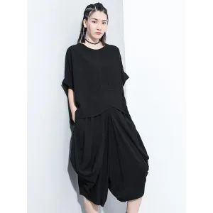 Loose Solid Color Round-Neck Short Sleeves  Tops+ Elasticity Pleated Cropped Pants Two Pieces Set