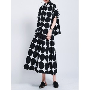 Mock Neck Buttoned Pockets Polka-Dot Blouses Top + A-Line High Waisted Skirts Bottom Two Pieces Set