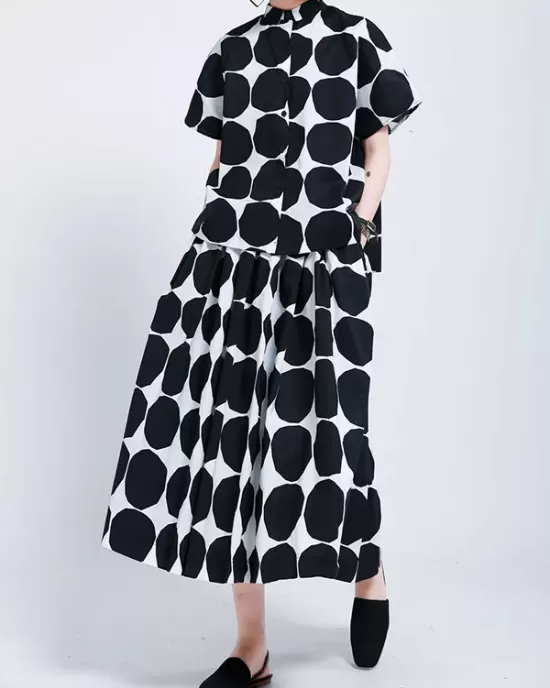 Mock Neck Buttoned Pockets Polka-Dot Blouses Top + A-Line High Waisted Skirts Bottom Two Pieces Set