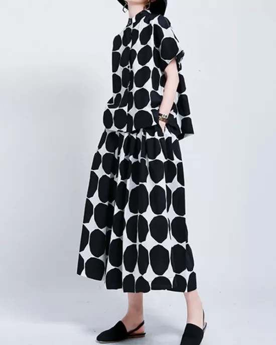 Mock Neck Buttoned Pockets Polka-Dot Blouses Top + A-Line High Waisted Skirts Bottom Two Pieces Set