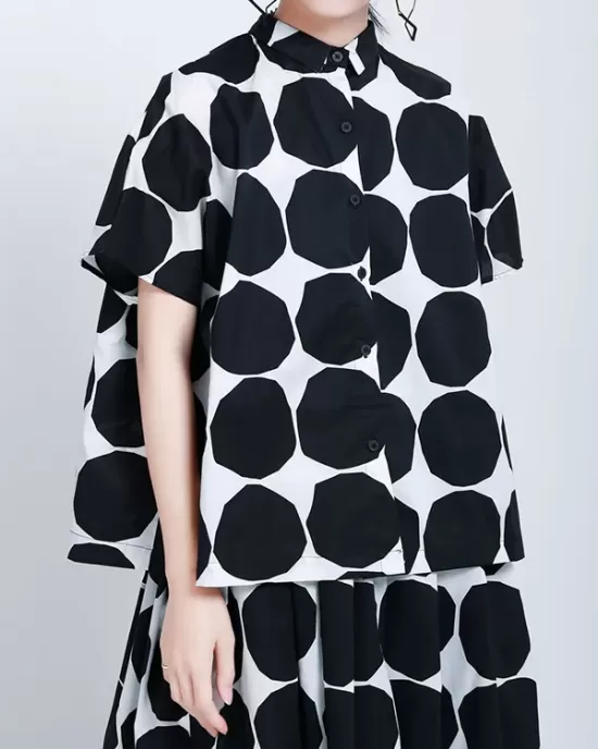 Mock Neck Buttoned Pockets Polka-Dot Blouses Top + A-Line High Waisted Skirts Bottom Two Pieces Set