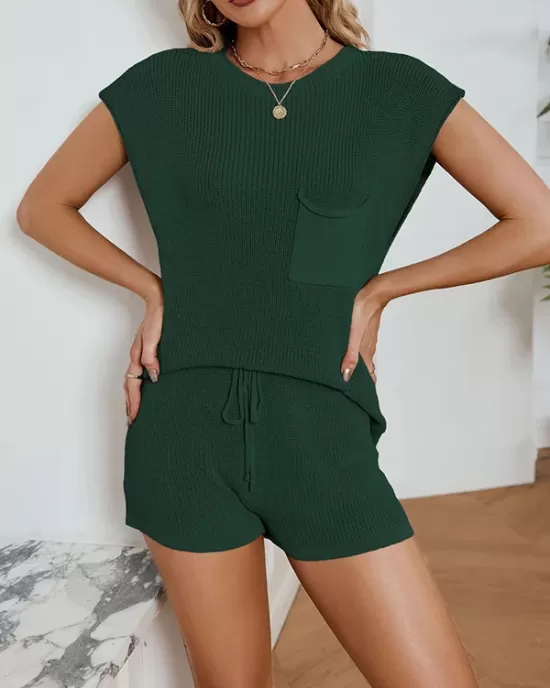 Loose Solid Color Knitting Short Sleeves T-Shirt + Shorts Two Pieces Set