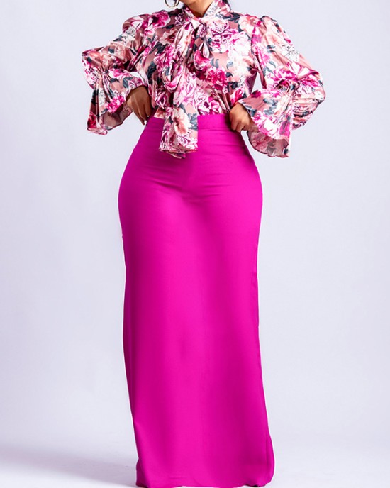 Long Sleeves Floral Printed Blouse + Split-Back Solid Color Skirt Two Pieces Set