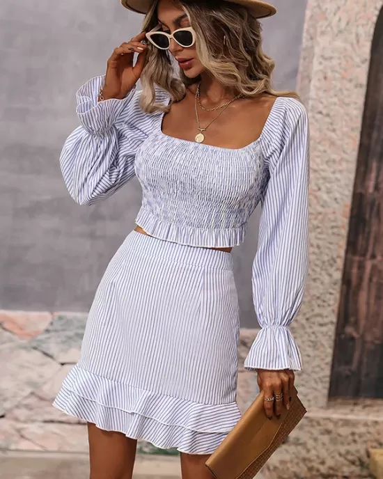 Casual A-Line Striped Off-The-Shoulder Two Pieces Set