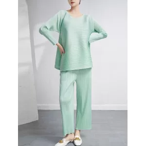 Loose Pleated Solid Color High-Low Round-Neck T-Shirts  + Pants Two Pieces Set