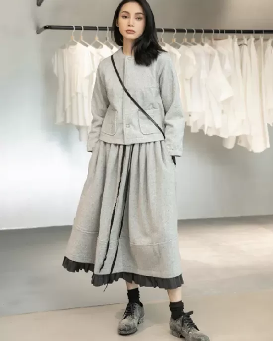 Urban Long Sleeves Buttoned Round-Neck Jacket Top+ Split-Joint Skirt Two Pieces Set