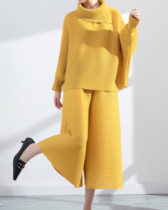 Simple Loose Long Sleeves Pleated Solid Color High-Neck T-Shirt Top&Wide Legs Pants Two Pieces Set