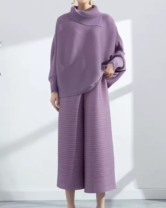 Simple Loose Long Sleeves Pleated Solid Color High-Neck T-Shirt Top&Wide Legs Pants Two Pieces Set