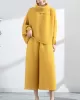 Simple Loose Long Sleeves Pleated Solid Color High-Neck T-Shirt Top&Wide Legs Pants Two Pieces Set