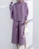 Simple Loose Long Sleeves Pleated Solid Color High-Neck T-Shirt Top&Wide Legs Pants Two Pieces Set