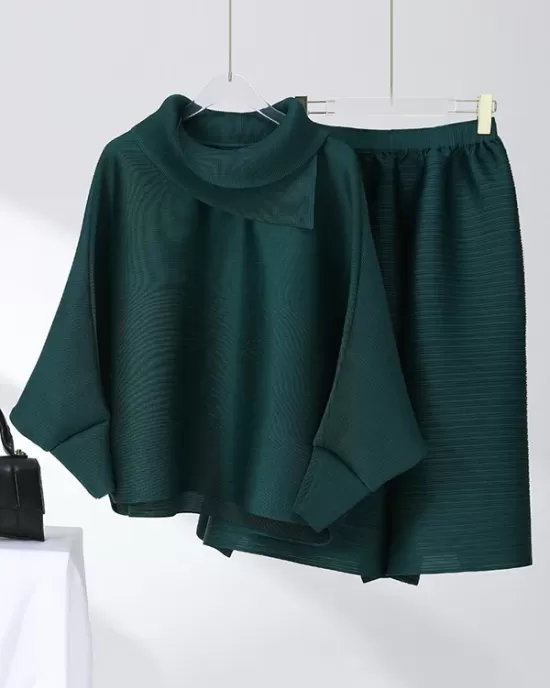 Simple Loose Long Sleeves Pleated Solid Color High-Neck T-Shirt Top&Wide Legs Pants Two Pieces Set