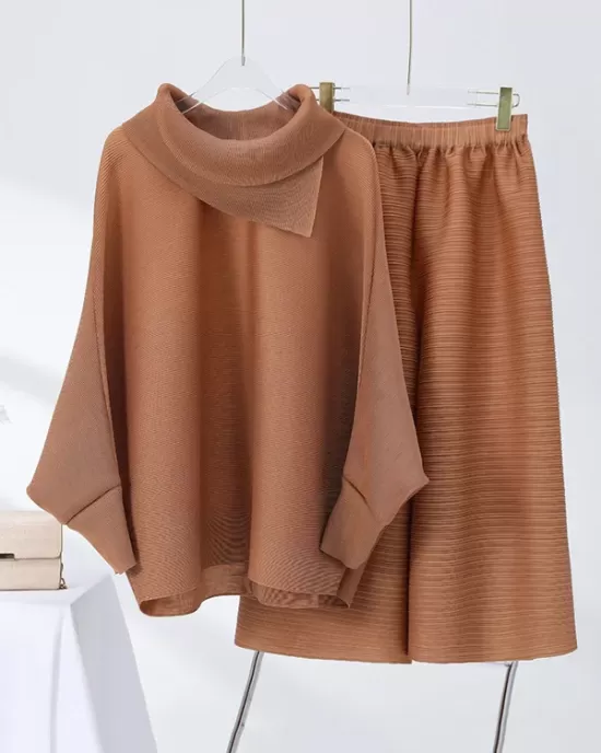 Simple Loose Long Sleeves Pleated Solid Color High-Neck T-Shirt Top&Wide Legs Pants Two Pieces Set