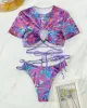 Asymmetric Hollow Tie-Dyed Round-Neck Bikini Swimsuit Two Pieces Set