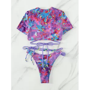 Asymmetric Hollow Tie-Dyed Round-Neck Bikini Swimsuit Two Pieces Set