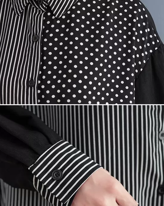 Loose Oversize Striped Polka-Dot Split-Joint Blouse Top A-Line Skirt Bottom Two Pieces Set